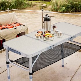 Portable Adjustable Height Folding Table with Mesh Storage Shelf – Lightweight Aluminum Camping Table, 3 Height Settings, Foldable Outdoor Picnic Tab