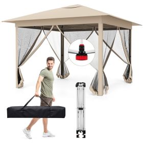 11.5 x 11.5 FT Pop-up Canopy Instant One-Person Setup with Mesh Screen Netting (Color: Beige)